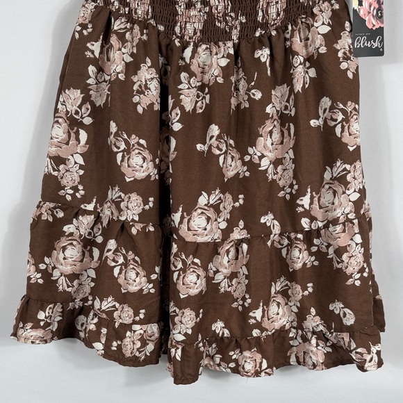 A Hint of Blush Floral Brown Flowy Mini Dress. Ruffle bottom. Womens Size L. NWT - Picture 5 of 8